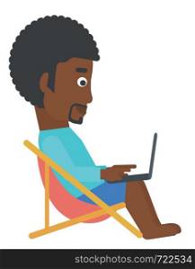 An african-american man sitting in a folding chair with laptop vector flat design illustration isolated on white background. . Man sitting in a folding chair.