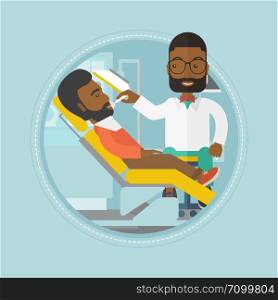 An african-american man sitting in dental chair. Doctor and patient in the dental clinic. Patient on reception at the dentist. Vector flat design illustration in the circle isolated on background.. Patient on reception at the dentist.