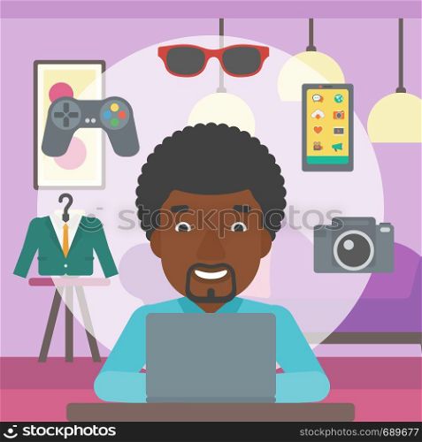 An african-american man sitting in front of laptop and some images of goods around him. Man doing online shopping. Man buying on internet. Vector flat design illustration. Square layout.. Man shopping online using his laptop.