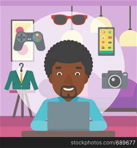 An african-american man sitting in front of laptop and some images of goods around him. Man doing online shopping. Man buying on internet. Vector flat design illustration. Square layout.. Man shopping online using his laptop.