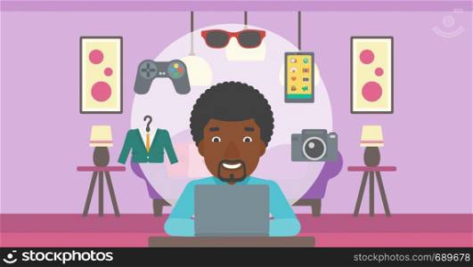 An african-american man sitting in front of laptop and some images of goods around him. Man doing online shopping. Man buying on internet. Vector flat design illustration. Horizontal layout.. Man shopping online using his laptop.