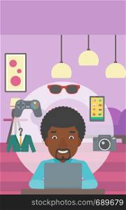 An african-american man sitting in front of laptop and some images of goods around him. Man doing online shopping. Man buying on internet. Vector flat design illustration. Vertical layout.. Man shopping online using his laptop.