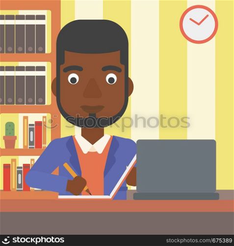 An african-american man sitting in front of laptop and taking some notes on the background of room vector flat design illustration. Square layout.. Man using laptop for education.