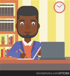 An african-american man sitting in front of laptop and taking some notes on the background of room vector flat design illustration. Square layout.. Man using laptop for education.