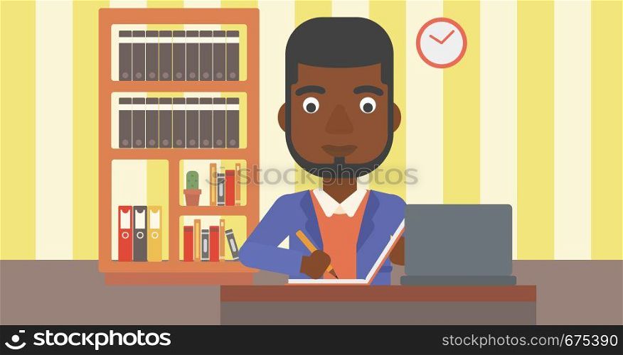 An african-american man sitting in front of laptop and taking some notes on the background of room vector flat design illustration. Horizontal layout.. Man using laptop for education.