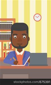 An african-american man sitting in front of laptop and taking some notes on the background of room vector flat design illustration. Vertical layout.. Man using laptop for education.