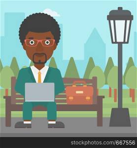 An african-american man sitting in the park on a bench and working on a laptop vector flat design illustration. Square layout.. Man working on laptop.