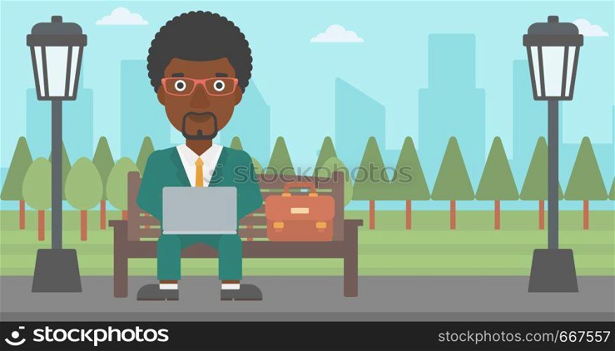 An african-american man sitting in the park on a bench and working on a laptop vector flat design illustration. Horizontal layout.. Man working on laptop.