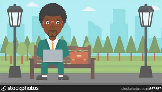 An african-american man sitting in the park on a bench and working on a laptop vector flat design illustration. Horizontal layout.. Man working on laptop.