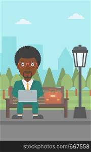 An african-american man sitting in the park on a bench and working on a laptop vector flat design illustration. Vertical layout.. Man working on laptop.