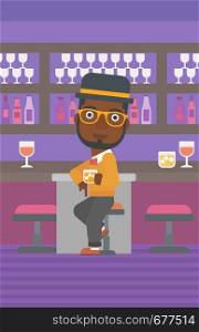 An african-american man sitting near the bar counter and holding a glass vector flat design illustration. Vertical layout.. Man sitting at bar.