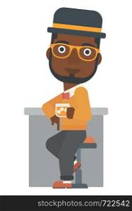 An african-american man sitting near the bar counter vector flat design illustration isolated on white background. . Man sitting at bar.