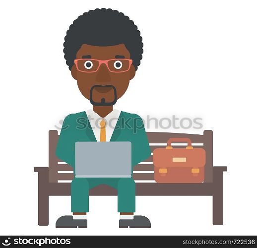 An african-american man sitting on a bench and working on a laptop vector flat design illustration isolated on white background. . Man working on laptop.