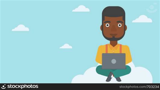 An african-american man sitting on a cloud with a laptop on his knees. Happy man using cloud computing technology. Cloud computing concept. Vector flat design illustration. Horizontal layout.. Man using cloud computing technology.