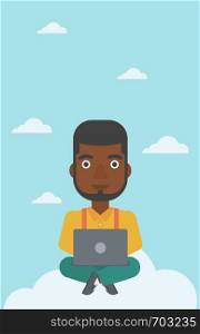 An african-american man sitting on a cloud with a laptop on his knees. Happy man using cloud computing technology. Cloud computing concept. Vector flat design illustration. Vertical layout.. Man using cloud computing technology.