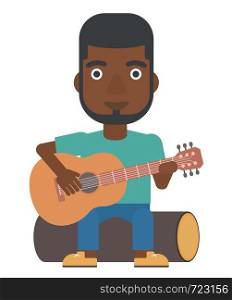 An african-american man sitting on a log and playing a guitar vector flat design illustration isolated on white background.. Man playing guitar.