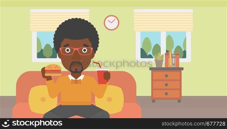 An african-american man sitting on a sofa while eating hamburger and drinking soda on the background of living room vector flat design illustration. Horizontal layout.. Man eating hamburger.