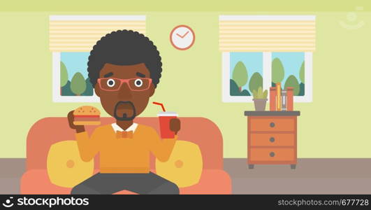 An african-american man sitting on a sofa while eating hamburger and drinking soda on the background of living room vector flat design illustration. Horizontal layout.. Man eating hamburger.