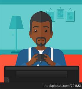 An african-american man sitting on a sofa with gamepad in hands on a living room background vector flat design illustration. Square layout.. Addicted video gamer.