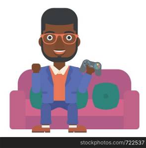 An african-american man sitting on a sofa with gamepad in hands vector flat design illustration isolated on white background.. Man playing video game.