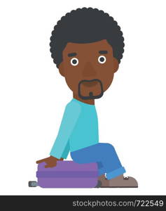 An african-american man sitting on his suitcase vector flat design illustration isolated on white background.. Man sitting on his suitcase.