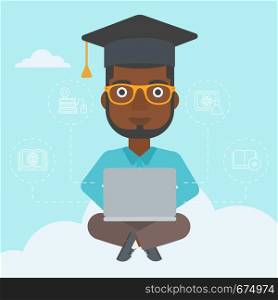 An african-american man sitting on the cloud with a laptop and some icons connected to the laptop on the background of blue sky vector flat design illustration. Square layout.. Graduate sitting on cloud.