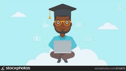 An african-american man sitting on the cloud with a laptop and some icons connected to the laptop on the background of blue sky vector flat design illustration. Horizontal layout.. Graduate sitting on cloud.
