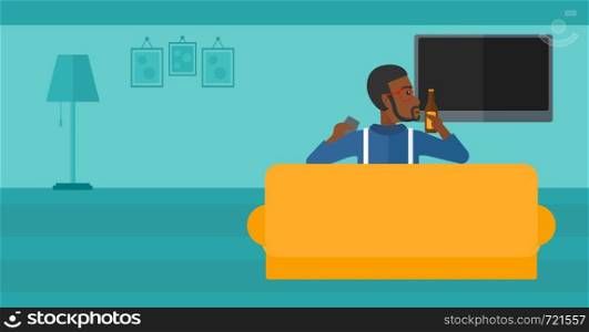 An african-american man sitting on the couch in living room and watching tv with remote controller in one hand and a bottle in another vector flat design illustration. Horizontal layout.. Man watching TV.