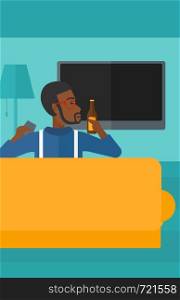 An african-american man sitting on the couch in living room and watching tv with remote controller in one hand and a bottle in another vector flat design illustration. Vertical layout.. Man watching TV.