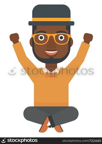 An african-american man sitting with crossed legs and raised hands up vector flat design illustration isolated on white background. . Man sitting with crossed legs and raised hands up.