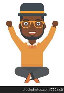 An african-american man sitting with crossed legs and raised hands up vector flat design illustration isolated on white background. . Man sitting with crossed legs and raised hands up.