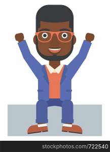 An african-american man sitting with raised hands up vector flat design illustration isolated on white background. . Man sitting with raised hands up.