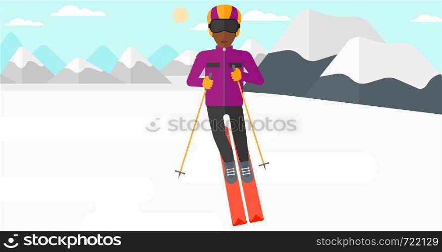 An african-american man skiing on the background of snow capped mountain vector flat design illustration. Horizontal layout.. Young man skiing.
