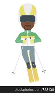An african-american man skiing vector flat design illustration isolated on white background.. Young man skiing.