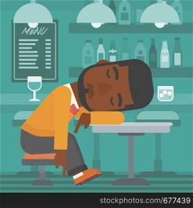 An african-american man sleeping at the bar at the table vector flat design illustration. Square layout.. Man sleeping in bar.