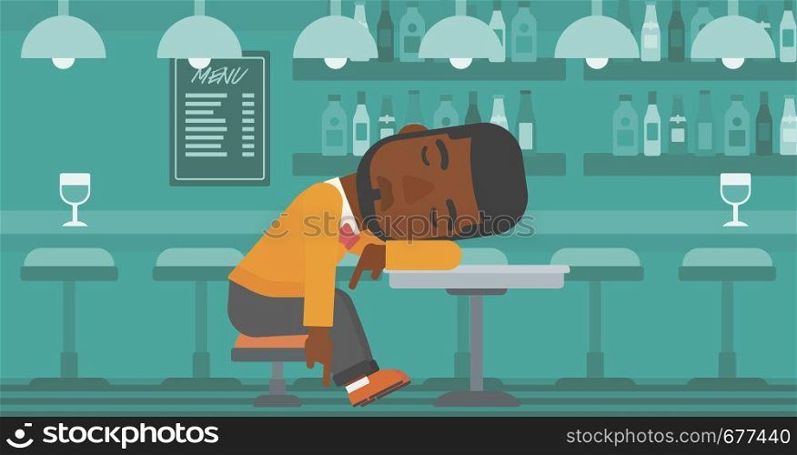 An african-american man sleeping at the bar at the table vector flat design illustration. Horizontal layout.. Man sleeping in bar.