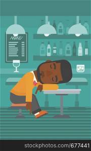 An african-american man sleeping at the bar at the table vector flat design illustration. Vertical layout.. Man sleeping in bar.
