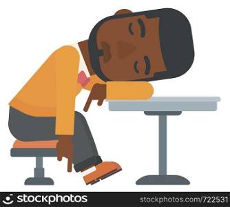 An african-american man sleeping at the table vector flat design illustration isolated on white background. . Man sleeping in bar.