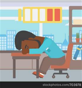 An african-american man sleeping at workplace on laptop keyboard and low power battery sign over his head. Man sleeping in the office. Vector flat design illustration. Square layout.. Man sleeping at workplace vector illustration.