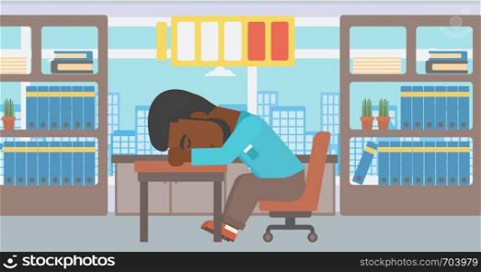 An african-american man sleeping at workplace on laptop keyboard and low power battery sign over his head. Man sleeping in the office. Vector flat design illustration. Horizontal layout.. Man sleeping at workplace vector illustration.