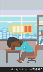 An african-american man sleeping at workplace on laptop keyboard and low power battery sign over his head. Man sleeping in the office. Vector flat design illustration. Vertical layout.. Man sleeping at workplace vector illustration.