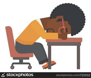 An african-american man sleeping on table vector flat design illustration isolated on white background. . Man sleeping on table.
