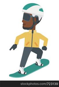 An african-american man snowboarding vector flat design illustration isolated on white background.. Young man snowboarding.