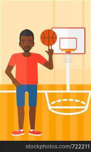 An african-american man spinning basketball ball on his finger on the background of basketball court vector flat design illustration. Vertical layout.. Basketball player spinning ball.