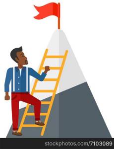 An african-american man standing and holding the ladder to get the red flag on the top of mountain vector flat design illustration isolated on white background. . Man climbing on mountain.