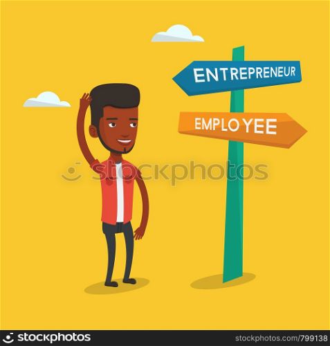 An african-american man standing at road sign with two career ways - entrepreneur and employee. Man choosing career way. Man making a decision of career. Vector flat design illustration. Square layout. Confused man choosing career pathway.