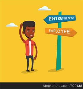 An african-american man standing at road sign with two career ways - entrepreneur and employee. Man choosing career way. Man making a decision of career. Vector flat design illustration. Square layout. Confused man choosing career pathway.