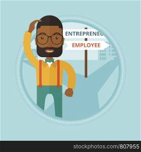 An african-american man standing at road with two career pathways and making decision of his career as entrepreneur or employee. Vector flat design illustration in the circle isolated on background. Confused man choosing career pathway.