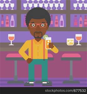 An african-american man standing at the bar and holding a glass of juice vector flat design illustration. Square layout.. Man holding glass of juice.
