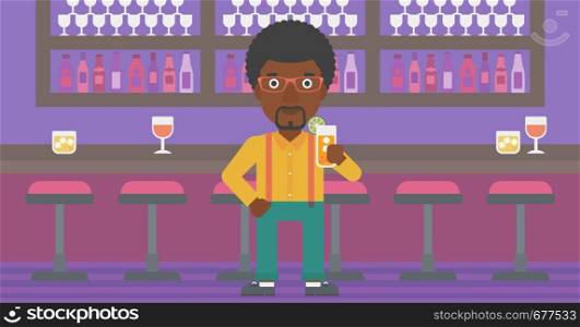 An african-american man standing at the bar and holding a glass of juice vector flat design illustration. Horizontal layout.. Man holding glass of juice.